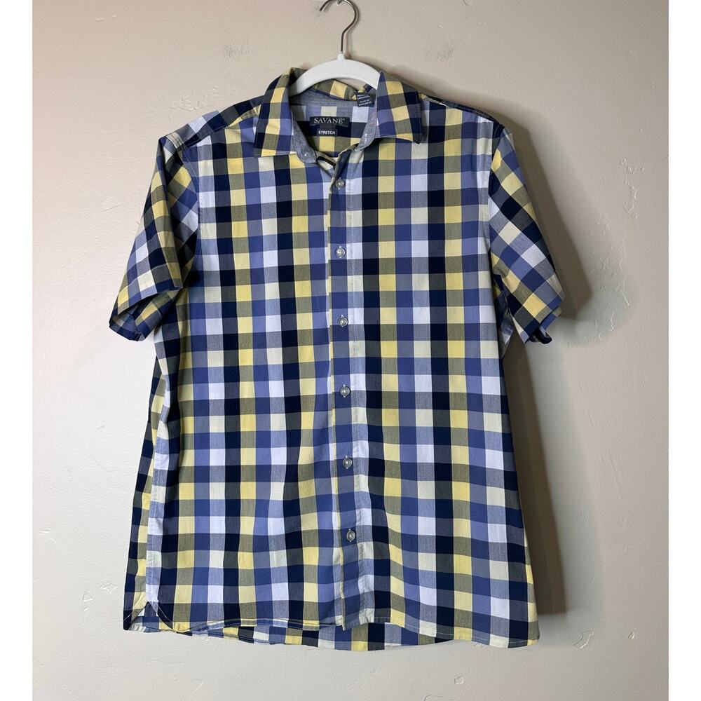 Men's Savane Stretch Short Sleeve Button Plaid Shirt MEDIUM